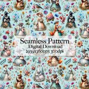 Seamless Pattern of Victorian Forest Animals with Their Babies Perfect for Mother’s Day Crafts Elegant Gift Design Digital Download